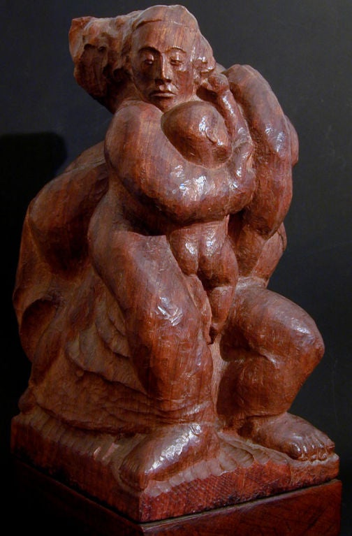 Vibrant with compressed energy, this remarkable hand-carved sculpture depicting mother, father and child fiercely protecting each other, follows in the WPA tradition which celebrated both worker and family. It is signed (the signature is difficult
