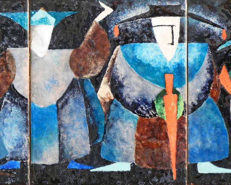 Brilliantly designed and executed, this ambitious enamel panel -- depicting four blue knights with swords, voluminous robes and fantastic hats -- was created by Helen Hansen in the 1950s.  Hansen shows a mastery of the medium, using subtle