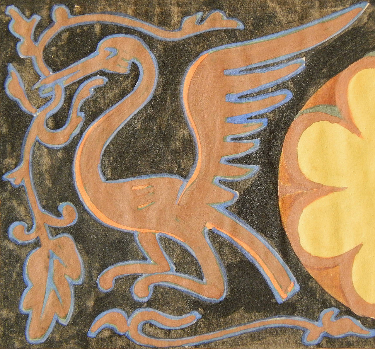 Superbe exemple de peinture décorative Art déco influencée par des motifs médiévaux, ce tableau de frise du célèbre muraliste Dunbar Beck est saturé de couleurs profondes et magnifiques. Chacun des deux oiseaux exotiques est imprégné de terre de