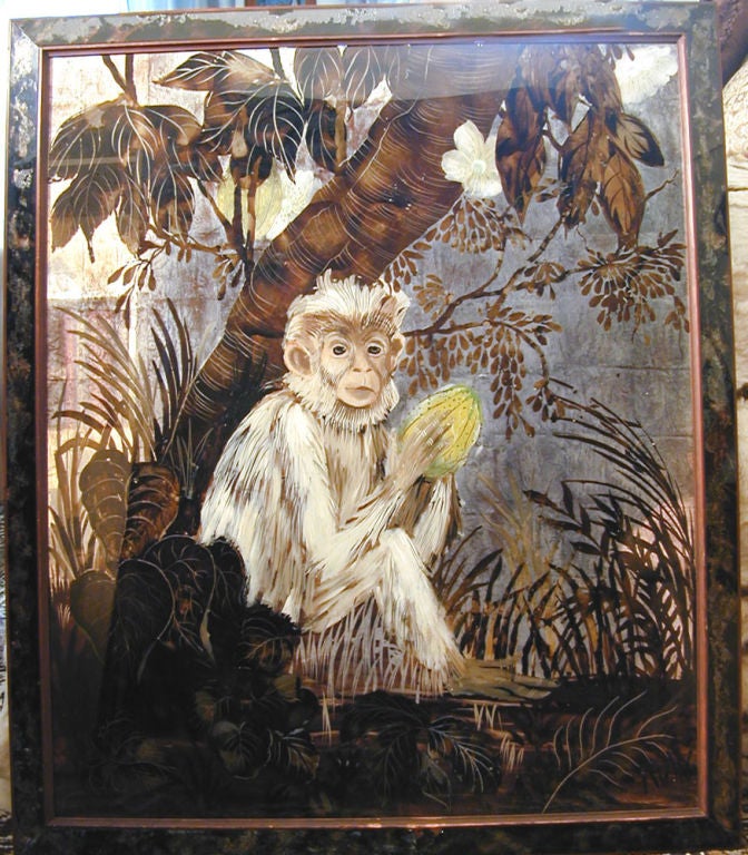 This superbly conceived and executed example of French eglomise painting depicts a Capuchin monkey, solemnly sitting under a tree, ready to begin his meal.  This piece illustrates, magnificently, how the art of eglomise was revived in the Art Deco