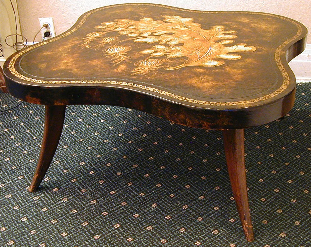 Wood Italian Tooled and Gilded Leather Table, 1940s