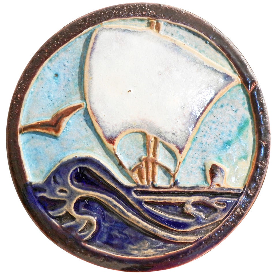 Art Deco Tile/Paperweight with Sailing Ship Motif 1936