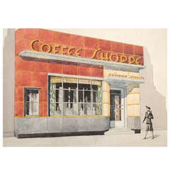 "Coffee Shoppe, " Original Art Deco Architectural Rendering, Watercolor