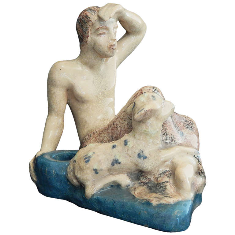 "Shepherd Boy and Lamb, " Ceramic Candlestick Influenced by Wiener Werkstatte