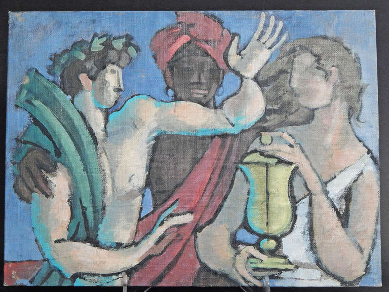 This jewel-toned, stylized oil sketch -- possibly prepared by Raoul Pene du Bois for a Broadway production -- depicts three classical figures: a turbanned black man flanked by two others: a nude white male figure with a wreathed head and