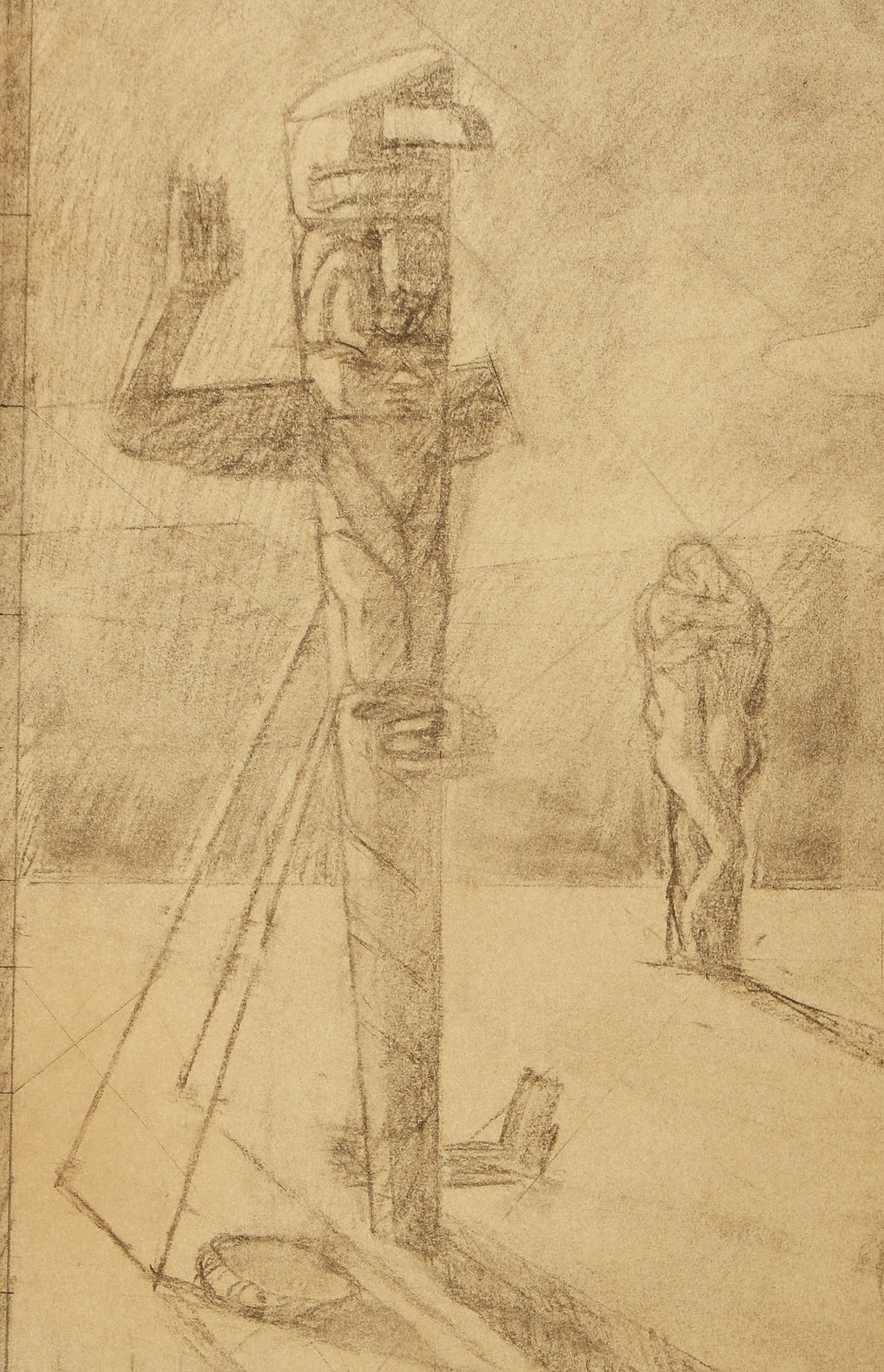 Best known for his WPA and World's Fair murals, this drawing is a rare example of Dunbar Beck's foray into Surrealism. His depiction of a nude male facing a Totem pole with one arm outstretched and one arm broken off, and an entwined nude couple in