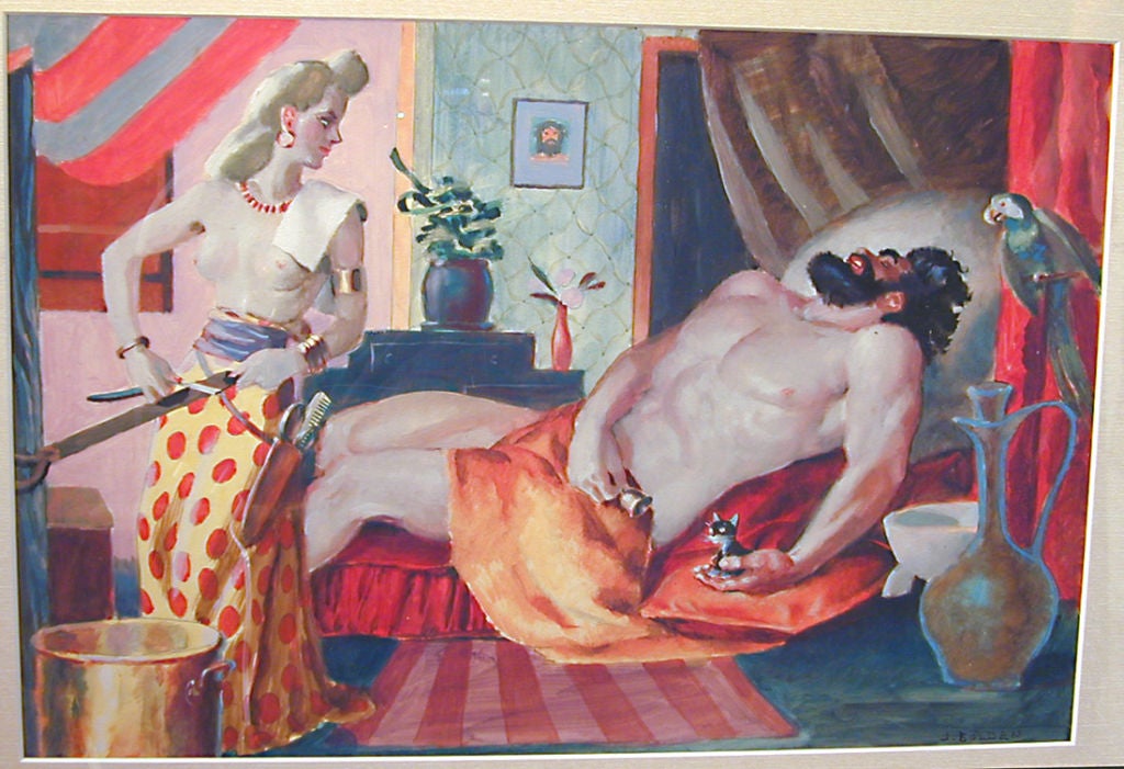 Brilliantly transposed from Biblical times to 1940s America, this vivid scene shows Samson and Delilah in a quintessentially domestic setting, complete with pink wallpaper, a portrait of Samson on the wall, and a pet parrot. Note the modern razor