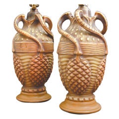 Antique Rare Pair of Amphora Lamps with Secessionist Pinecone Motif