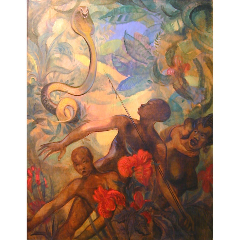 „Attack of the Cobra“, großes Art-Déco-Gemälde, Frankreich, 1930er Jahre