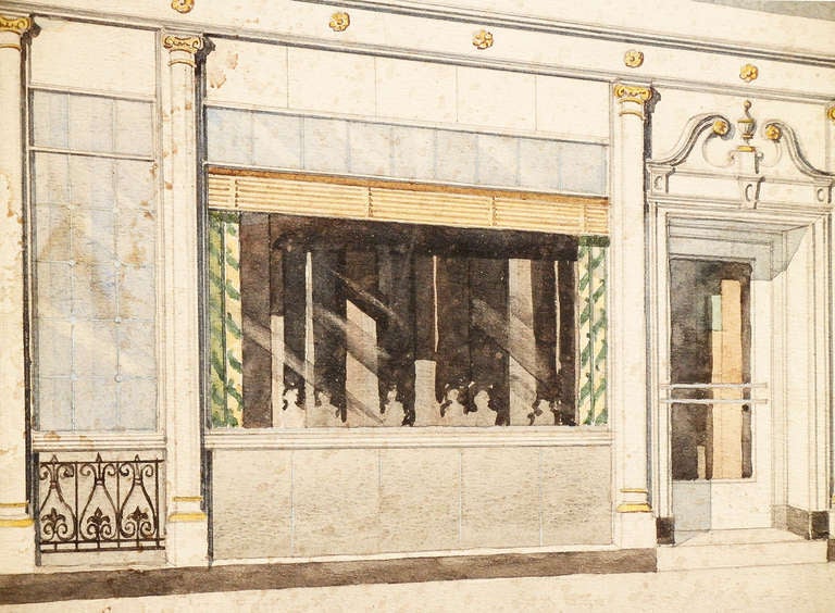Dieses sehr schöne Aquarell von Arthur Biener aus Upper Darby, einem Vorort von Philadelphia, zeigt die Fassade eines Cafés im Kolonialstil der 1930er Jahre.  Der Designer - der seinem Kunden George Stout eine Art-Déco-Alternative anbot - mischte