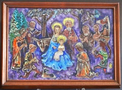 "Natividad", panel de esmalte brillante en azul, morado y naranja de Karl Drerup