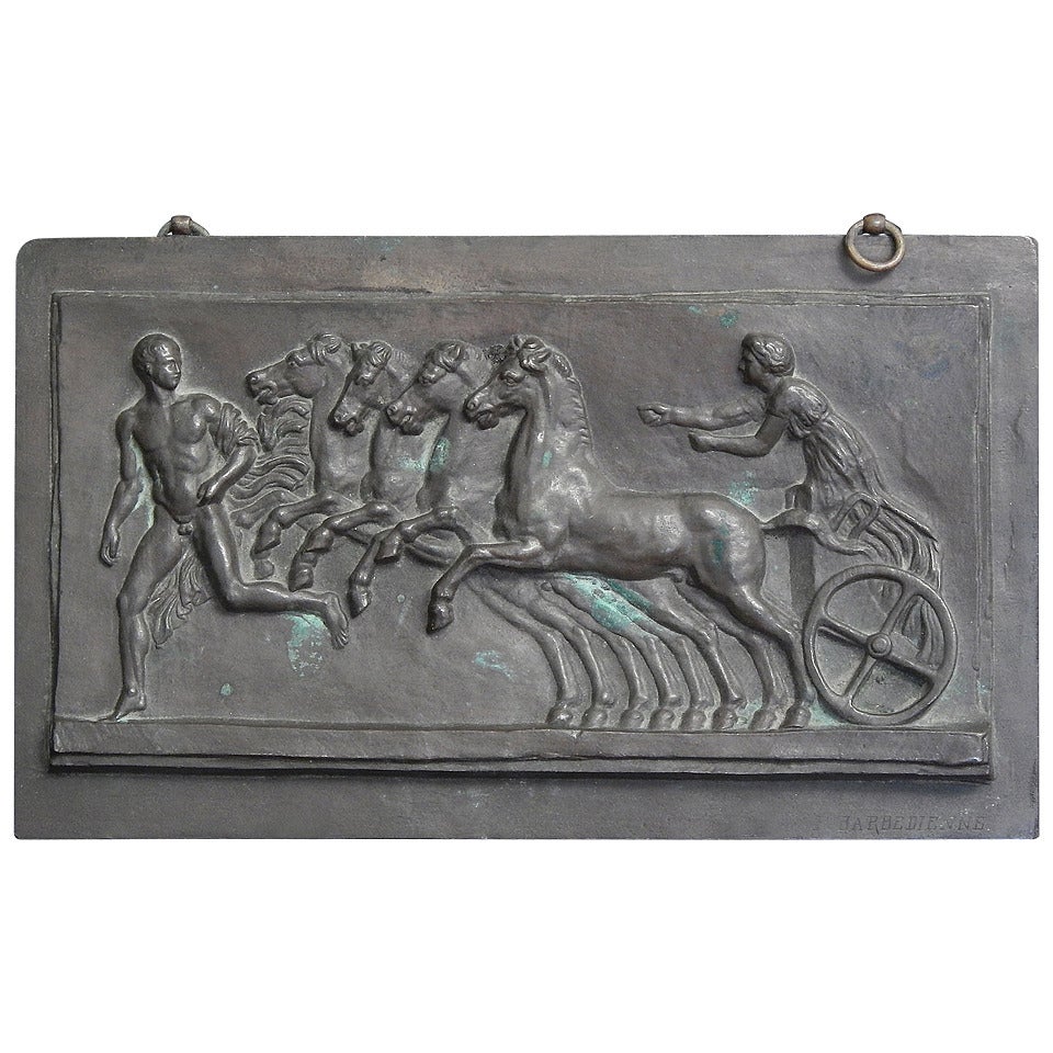 "Nude and Horsedrawn Chariot, " Rare Bronze Plaque by Barbedienne For Sale