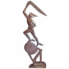 "Mercury Holding Torch Aloft, " Unique 64" Art Deco Bronze with Company Logo