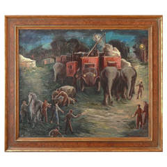 Vintage "Circus Setting Up at Night, " Atmospheric Social Realism Painting, 1930s