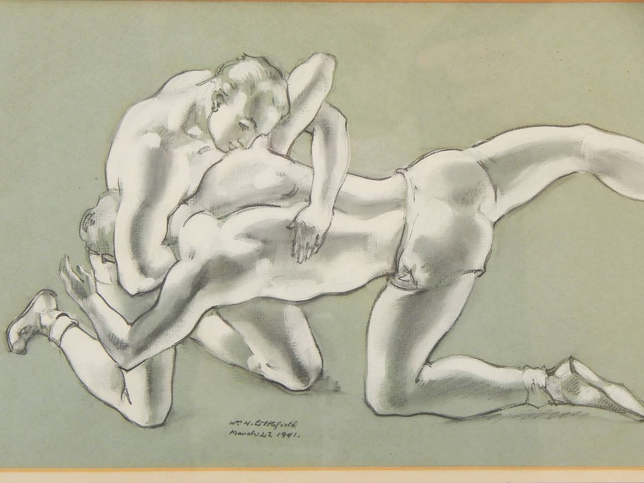 Fasciné par les scènes pleines d'énergie d'hommes engagés dans des activités sportives, le plus souvent la boxe mais dans ce cas-ci la lutte, William Littlefield a peint ce couple de lutteurs en 1941, à la gouache noire rehaussée de blanc sur papier