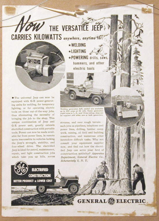 This original drawing was created for an advertisement by General Electric for its portable power generators, here shown powering a saw wielded by two lumberjacks.  Attributed to Rockwell Kent, who did many illustrations for GE and other companies