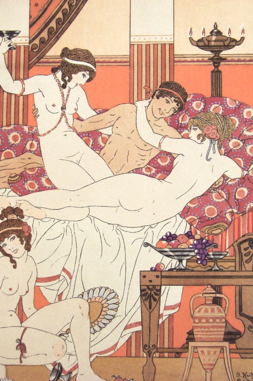 This warm and sensual French Art Deco pochoir features a nude male surrounded by several lovers and attendants, and was created by Joseph Kuhn-Regnier in 1932. The 1920s and 1930s represented the Golden Age of pochoir production in France, and this
