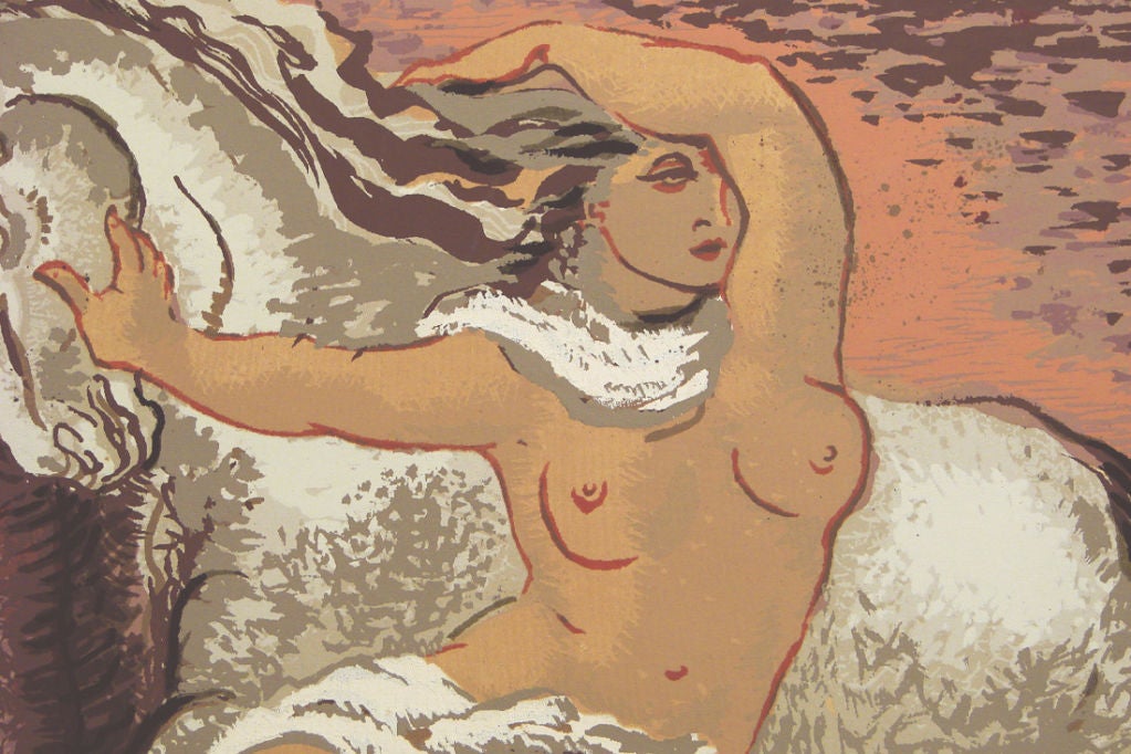Die ekstatische Sinnlichkeit und die klare Nacktheit dieses seltenen Drucks von Pettit aus dem Jahr 1946 zeigen deutlich, dass sie in der Schuld von Picasso steht, der in den 1920er und 1930er Jahren nach dem Ende des Ersten Weltkriegs die Rückkehr