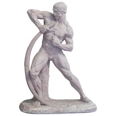 "Doblando el arco", Escultura Art Decó con desnudo masculino de Bargas, Esmalte tostado