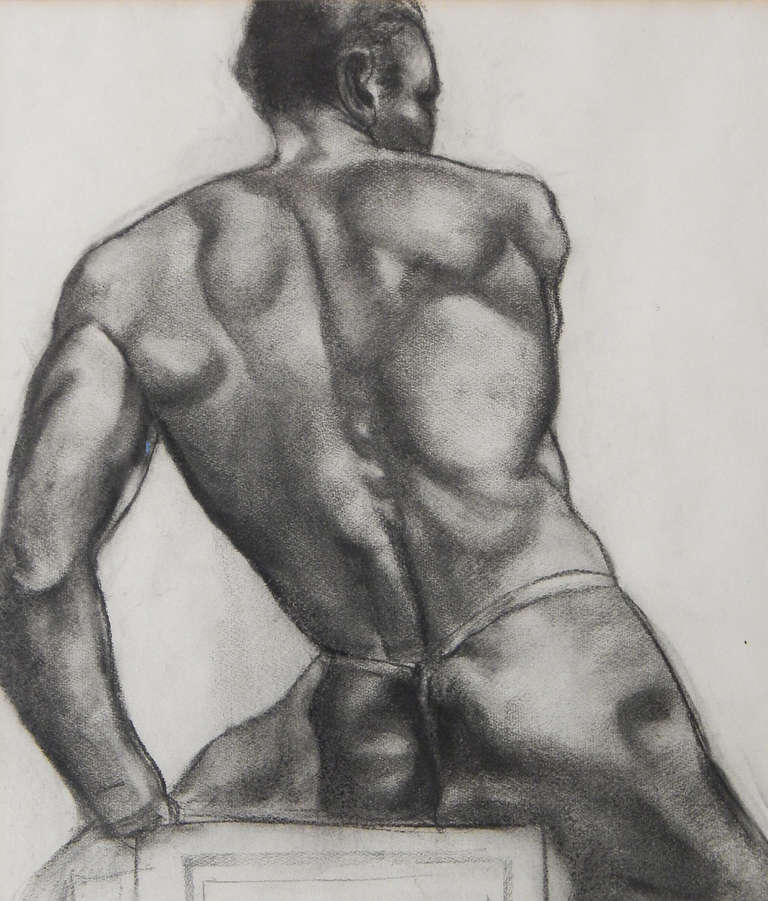 John Grabach, best known for his cityscapes and genre scenes, much coveted by collectors in America, was also a master of the nude, which this drawing amply demonstrates. This example is really a tour de force study of a man's back, since Grabach