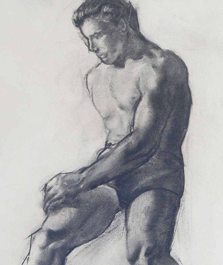 Obwohl diese Zeichnung einen männlichen Akt darstellt, konzentriert sich der Künstler hier eindeutig auf die Kraft seiner Arme, Hände und Beine. John Grabach, der vor allem für seine Stadtansichten und Genreszenen bekannt ist, die bei amerikanischen