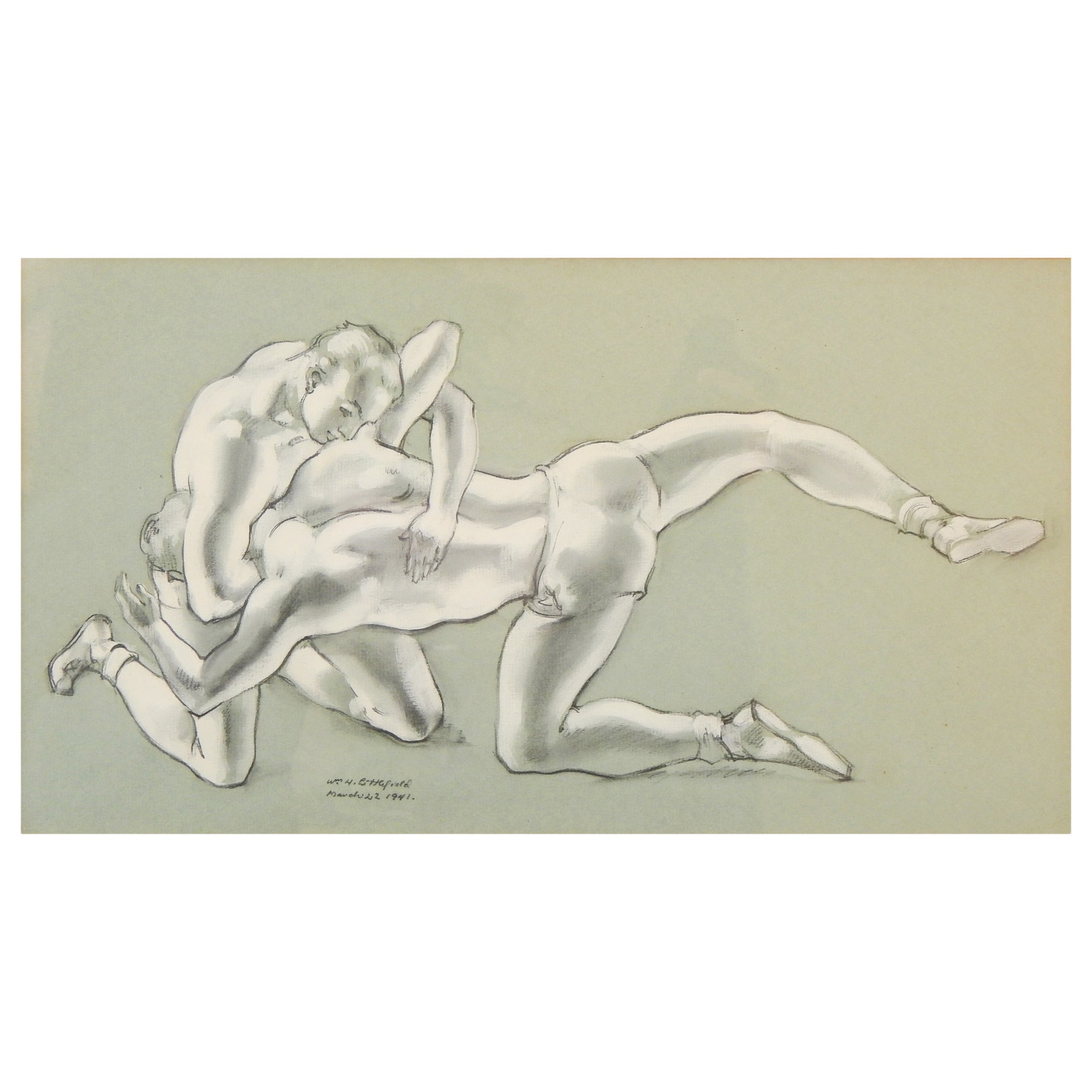 "Headlock, " Art Deco Painting with Wrestling Theme by Littlefield, 1941 For Sale
