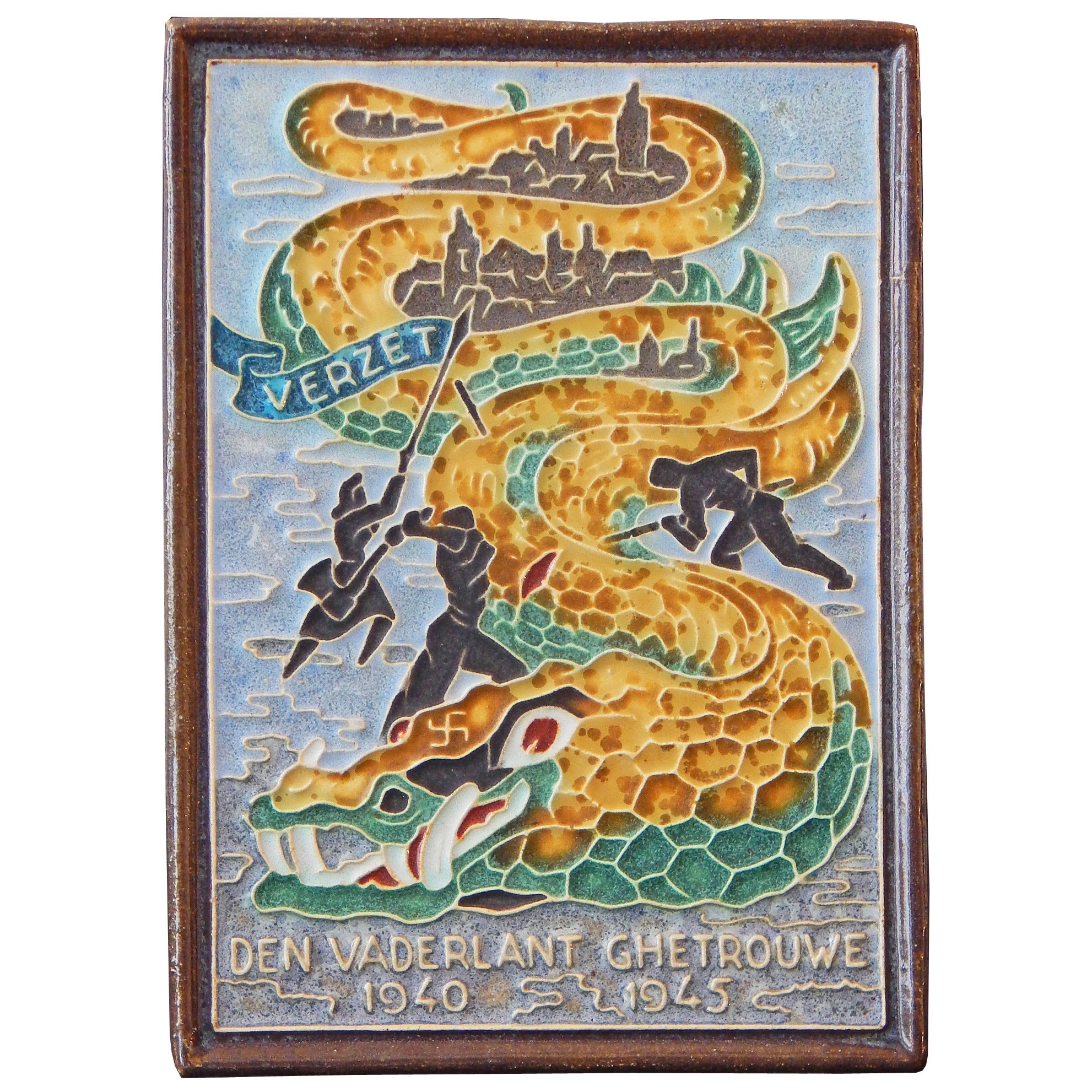 "Opposition, " Rare Art Deco Cloisonné Tile with Anti-Nazi Theme, 1945