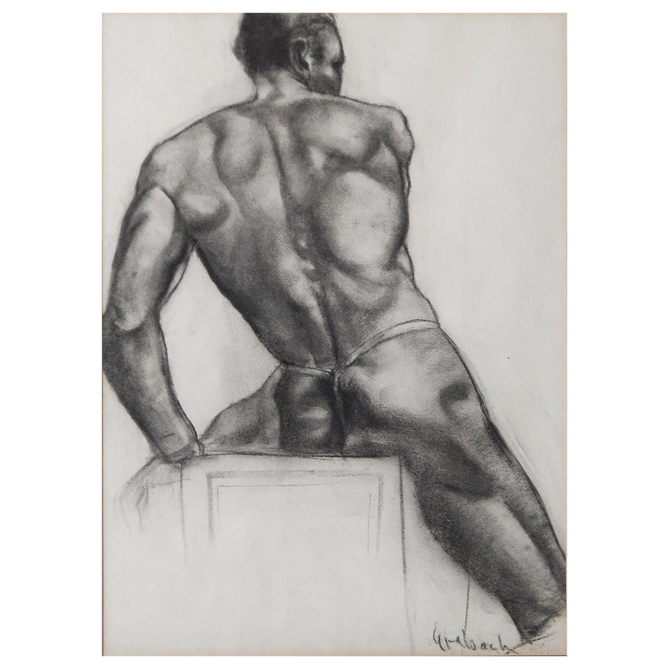 "Seated Black Nude, " Important and Rare Drawing by John Grabach
