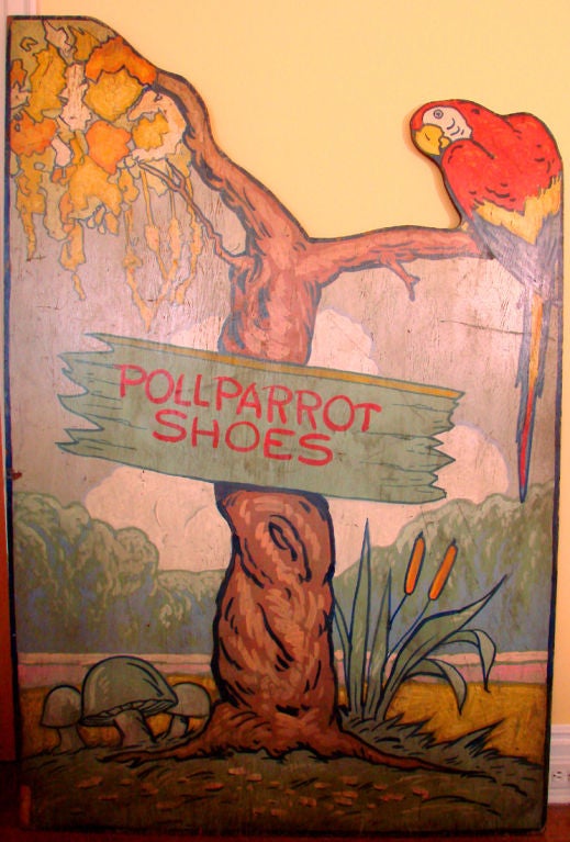Rare and brilliantly painted, this large sign panel may have been the most ambitious marketing piece ever created by the Poll-Parrot Shoe Company, one of America’s leading purveyors of children’s shoes from the early 20th century through the 1950s.