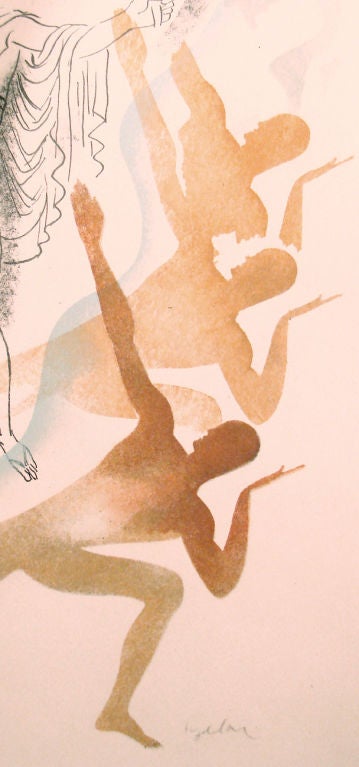 Brillantemente concebido e impreso en ricos tonos de siena quemado y carbón, este grabado de Milivoy Uzelac, muestra la fuerte influencia del cubismo, el neoclasicismo y la estilización Art Decó.  Celebrando el deporte de la gimnasia, se publicó en