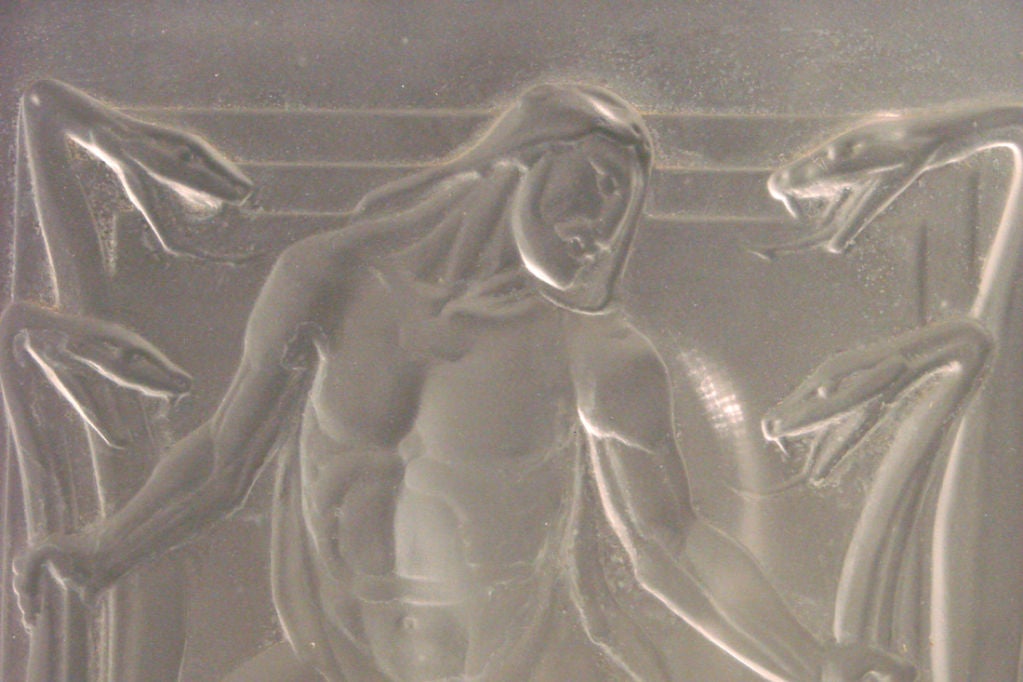 French Rare Art Deco Glass Panel with Hercules and Hydra in Bas Relief