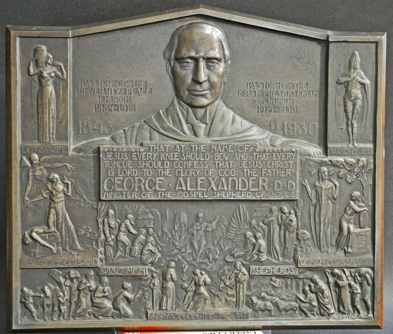 Important historically and artistically, this panel by the Hungarian-American sculptor, Alexander Finta, celebrates the life and work of George Alexander.  One of the nation's leading Presbyterian clergymen, Alexander led the University Place