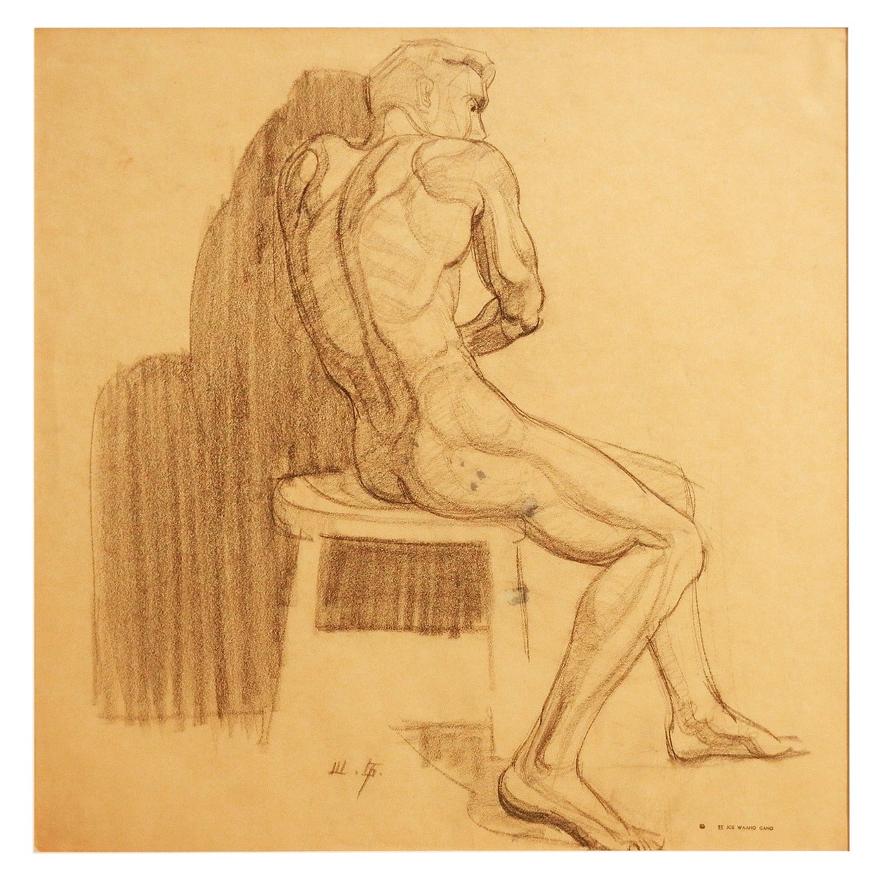"Seated Male Nude, " Superb Art Deco Drawing by Waano Gano