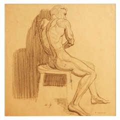 "Seated Male Nude," Superb Art Deco Drawing by Waano Gano