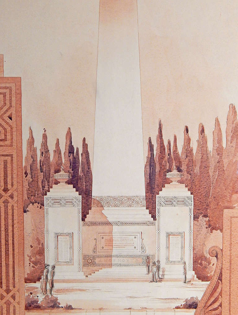 Beautifully rendered in tones of ivory and rust, this large architectural rendering was drawn by Lee Seibert in 1930 for a studio class in his last year in the school of architecture at Penn State University. Here, he depicts a large memorial