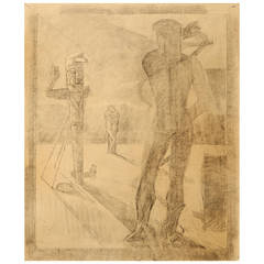 "Nude with Totem Pole, " Rare Surrealist Drawing by Dunbar Beck