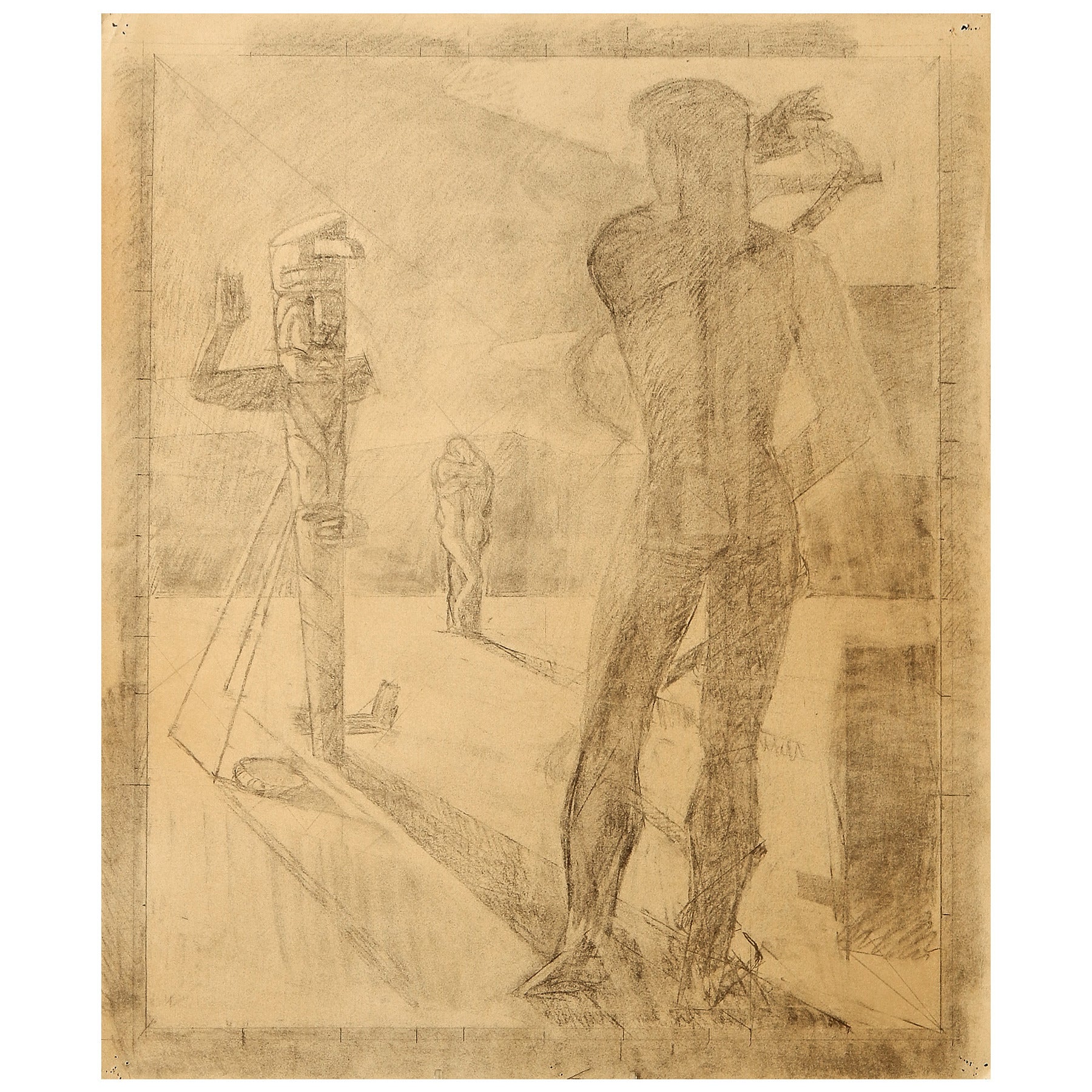 "" Akt mit Totemstange", seltene surrealistische Zeichnung von Dunbar Beck im Angebot