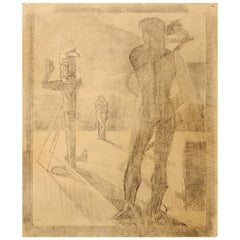 « Nu avec poteau de totem », dessin surréaliste rare de Dunbar Beck