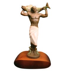 Art Deco Ceramic Half-Nude Native Male with Fish
