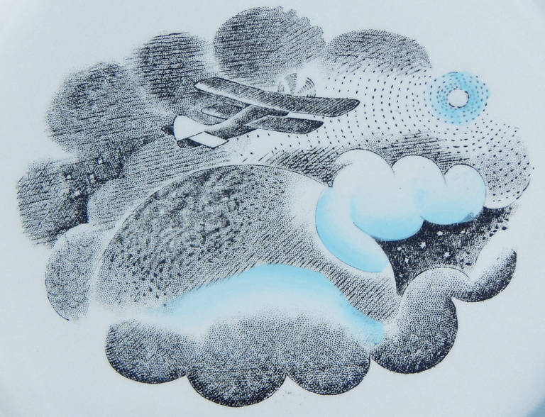 Britannique « Airplane over the Earth » (avion au-dessus de la terre), bol Art déco rare de Ravilious pour Wedgwood en vente