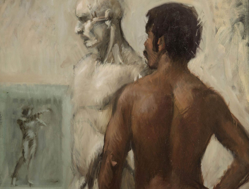 This large and important portrait contrasts a modern African American male nude with two other figures in an artist's studio: a life-size plaster sculpture and a drawing tacked to the wall. Isaacson was known for his figural painting, and this