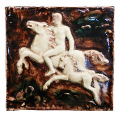 Important Art Deco Tile Panel with Nude on Horseback