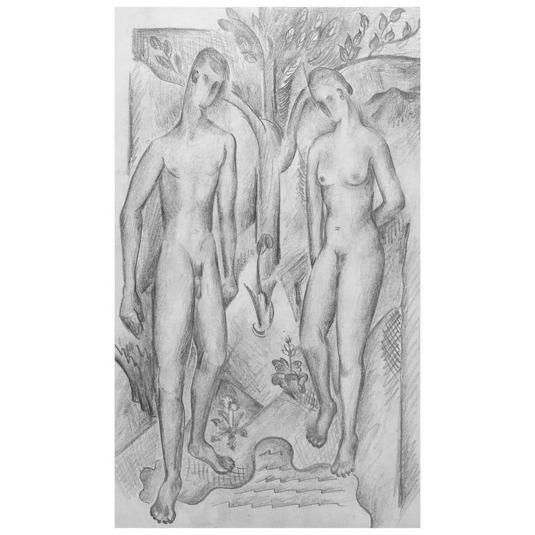 « Adam et Ève », dessin Art déco ancien de Glidden Parker