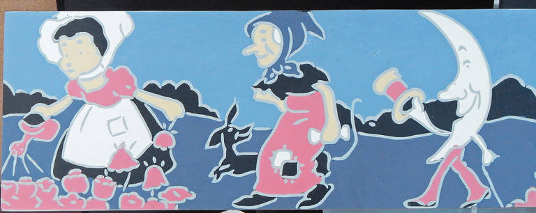 Full of wit, charm and vivid colors, this parade of nursery rhyme characters, including The Three Pigs, The Pied Piper of Hamelin, and Mary, Mary Quite Contrary, is depicted on a linoleum panel produced by the Armstrong Company for a nursery or