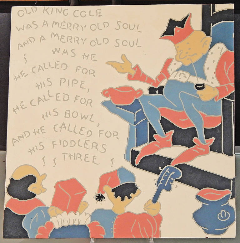 Utterly charming and graphically strong, this depiction of Old King Cole with his three fiddlers is an original linoleum panel produced by the Armstrong company in Lancaster, Pennsylvania, designed for a nursery or children's room. The colors --