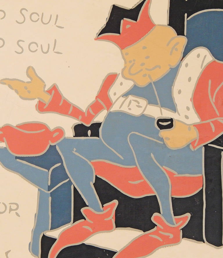 Seltene, auffällige Linoleum-Tafel mit Kinderspielzeug- Rhyme-Motiv „Old King Cole“ (Art déco) im Angebot