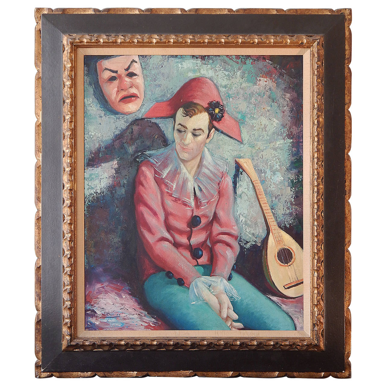 „Harlekin mit Lute und Maske“, leuchtendes Gemälde von Pamico aus der Mitte des Jahrhunderts