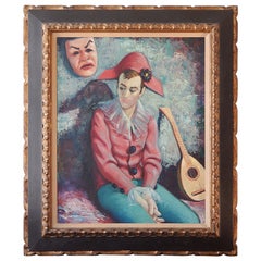 "Harlequin with Lute and Mask, " Brilliantly-Hued Midcentury Painting by Pamico