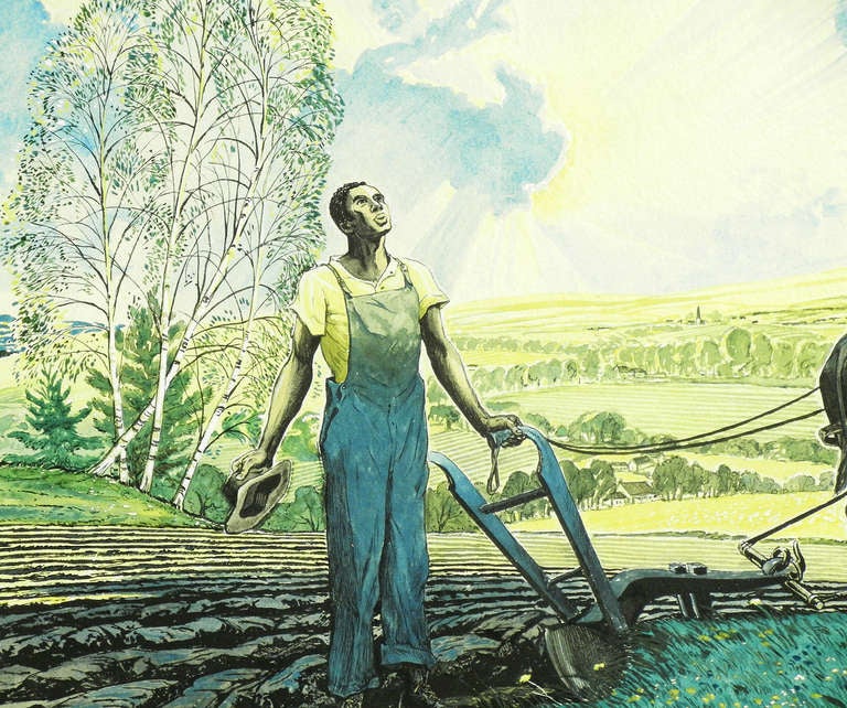 Beautifully conceived, dramatically set and very finely painted, this gouache and ink painting by Willis R. Lohse is a paean to the hard work and nobility of the black farmer in America, hat in hand as he marvels at the beauty of the day.  Full of