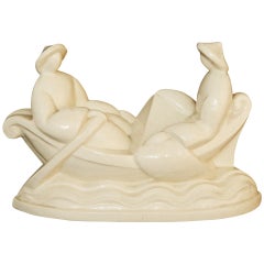 « Figures chinoises en barque, rare sculpture Art déco, Primavera, glaçure crème